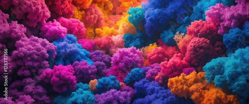 Colorful abstract background of fluffy cloud-like forms in vibrant shades of pink, purple, blue and orange creating a dynamic visual texture.