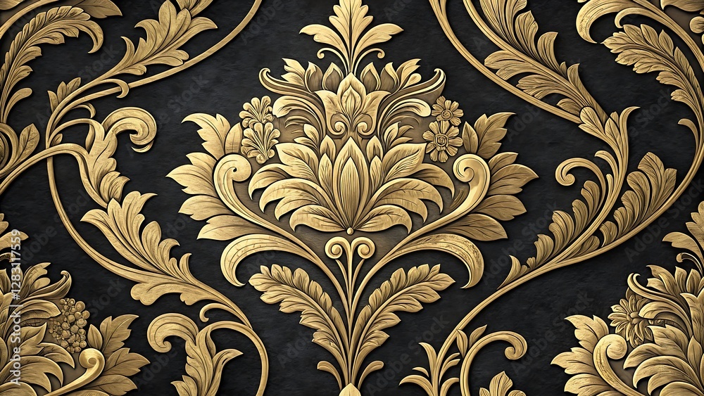 Golden Elegance: Close-up view of a luxurious golden floral pattern on a dark backdrop, with intricate details showcasing the opulence of the design. Golden Elegance: Close-up view of a luxurious golden floral pattern on a dark backdrop, with intricate details showcasing the opulence of the design.