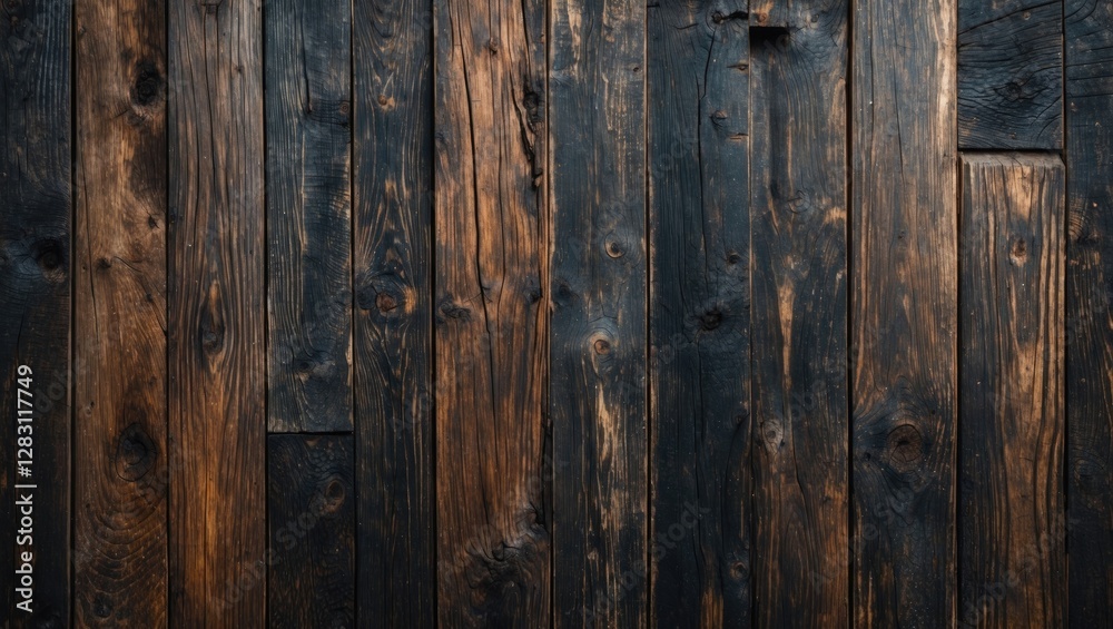 Naklejka premium Dark weathered wooden planks background with natural grain patterns and knots for texture and design purposes