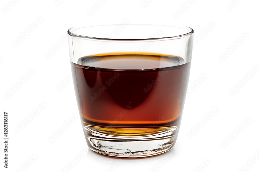 Glass of Amber Liquid on White Background Glass of Amber Liquid on White Background