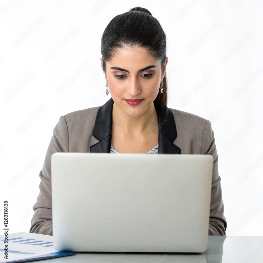 Professional woman working on a laptop. A young Hispanic woman focused on work at her modern office desk. She has her hair in a neat low bun Professional woman working on a laptop. A young Hispanic woman focused on work at her modern office desk. She has her hair in a neat low bun