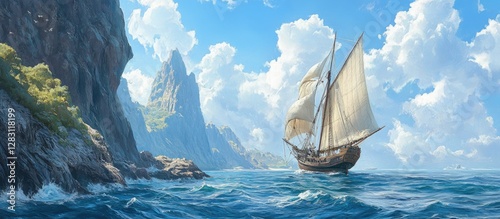 Canvastavla A classic brigantine with full sails positioned on the left sails through a tranquil blue ocean under a bright sky with fluffy clouds and rocky cliffs
