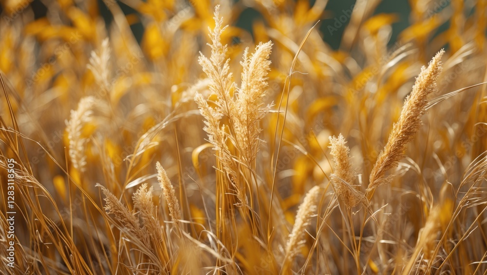 Fototapeta premium Golden grass field with tall spiky plants illuminated by sunlight creating a warm atmospheric effect in nature background