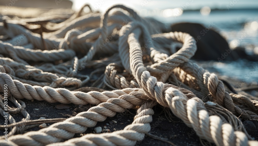 Fototapeta premium Close-up view of tangled natural fiber ropes on sandy beach with ocean waves in the background and soft sunlight illuminating the scene