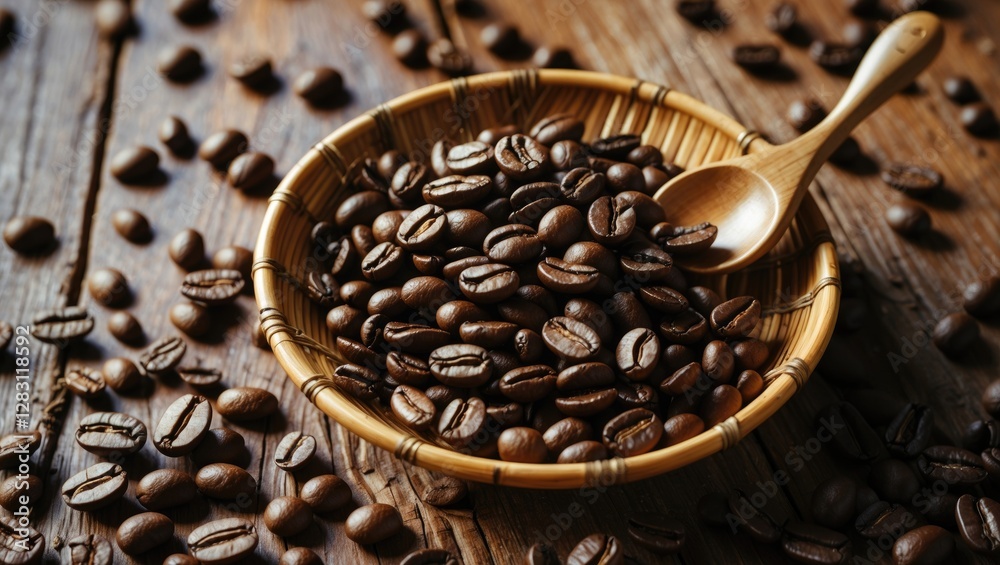 Fototapeta premium Freshly roasted coffee beans in a woven bowl with a wooden spoon on a rustic wooden surface with scattered beans around it.