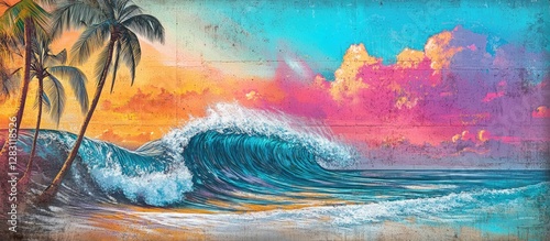 Colorful mural of a tranquil beach scene with crashing waves in vibrant blue and orange skies, featuring palm trees on a textured wall.