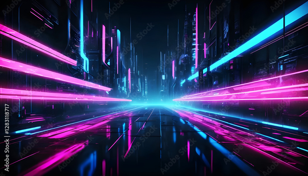 Obraz premium futuristic dark background with glowing pink and blue neon streaks, creating a cyberpunk digital feel