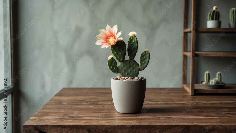 custom made wallpaper toronto digitalCactus plant with colorful bloom in modern pot placed on wooden table against textured wall interior design setting