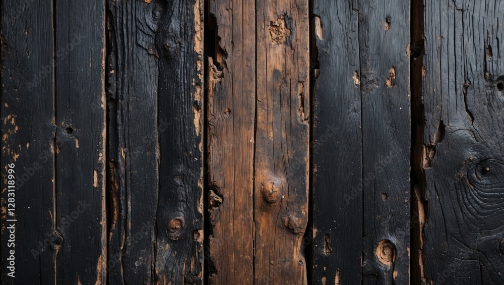 Weathered wooden planks with dark black paint and natural wood tones exhibiting texture and rustic charm Weathered wooden planks with dark black paint and natural wood tones exhibiting texture and rustic charm