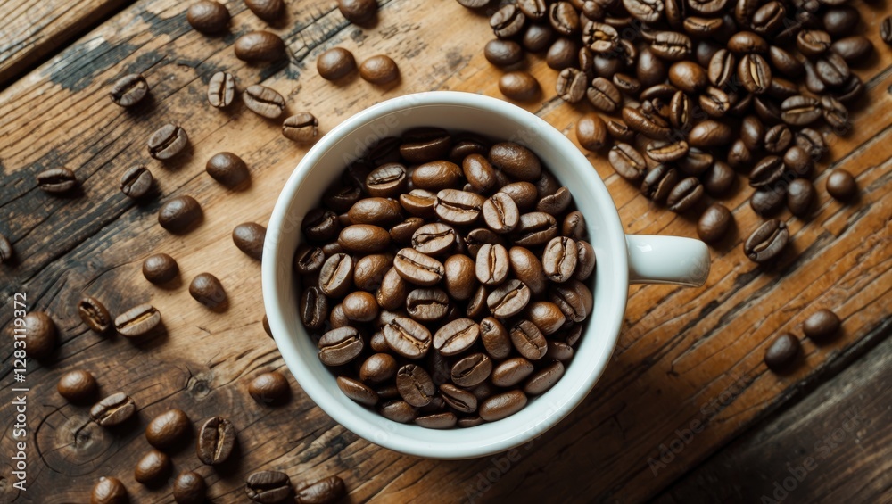 Fototapeta premium Coffee beans in white cup on wooden table surrounded by scattered roasted coffee beans in natural light setting