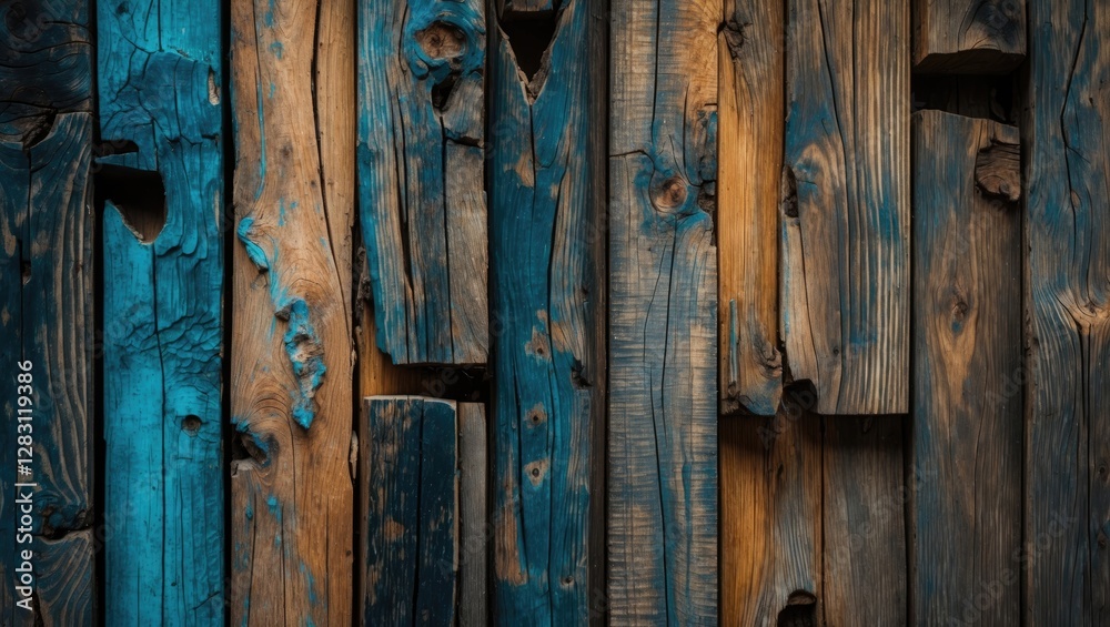 Textured wooden wall with a mix of blue and brown hues creating a rustic background pattern. Textured wooden wall with a mix of blue and brown hues creating a rustic background pattern.