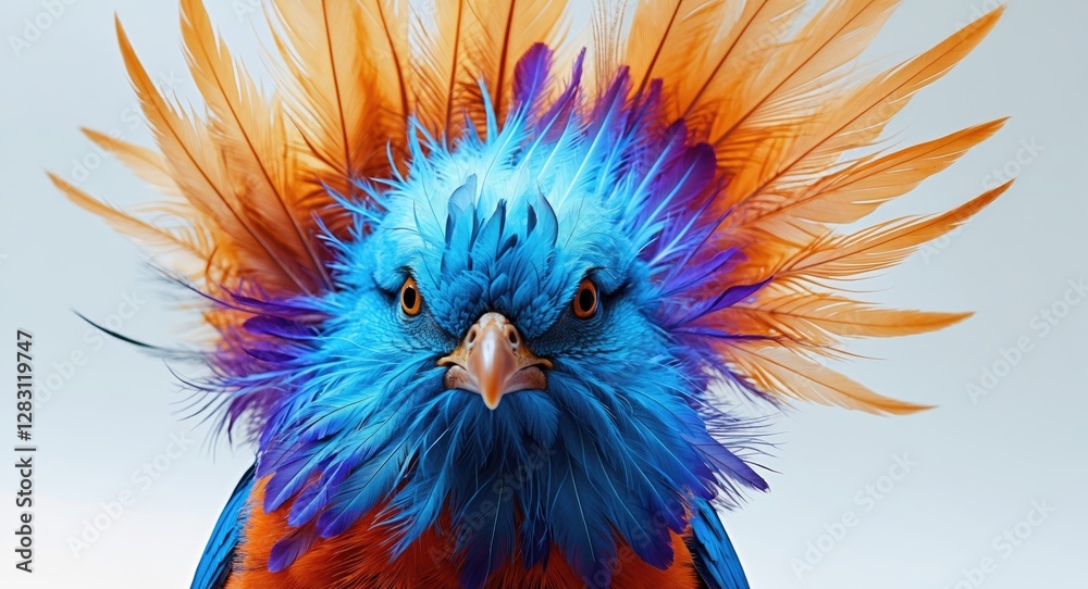 Obraz premium Colorful and striking bird portrait with vibrant blue and orange feathers on a neutral background