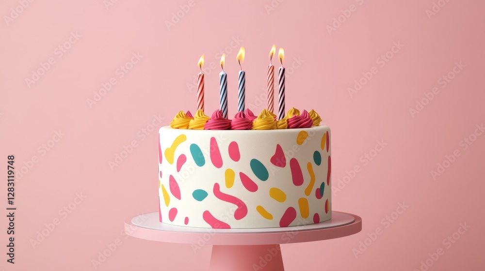 A single-tier birthday cake with bold, colorful patterns and a glossy icing finish A single-tier birthday cake with bold, colorful patterns and a glossy icing finish