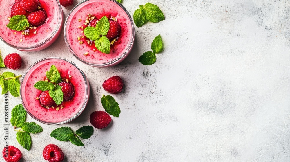 Italian panna cotta dessert served with raspberry sauce, garnished with mint leaves, beautifully presented with copy space on a white surface. Italian panna cotta dessert served with raspberry sauce, garnished with mint leaves, beautifully presented with copy space on a white surface.