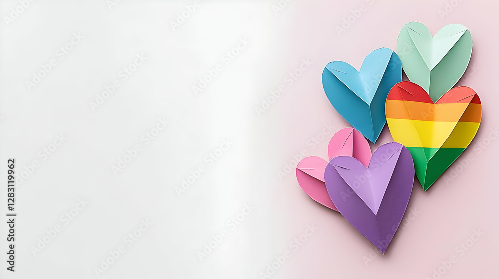Colorful Paper Hearts Arranged on a Pink Surface Depicting Love and Pride Symbolism Colorful Paper Hearts Arranged on a Pink Surface Depicting Love and Pride Symbolism