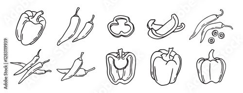 red hot chili peppers and bell peppers doodle hand drawn icon set. Outline drawing red hot chili peppers and bell peppers line clipart symbol collection