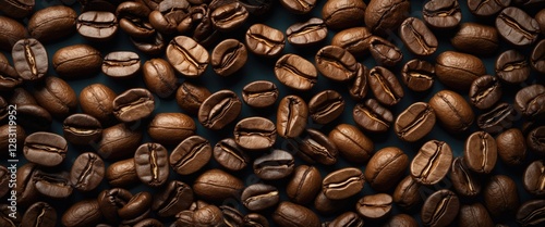 Close-up view of roasted coffee beans arranged on a dark surface showcasing their rich brown color and texture photo