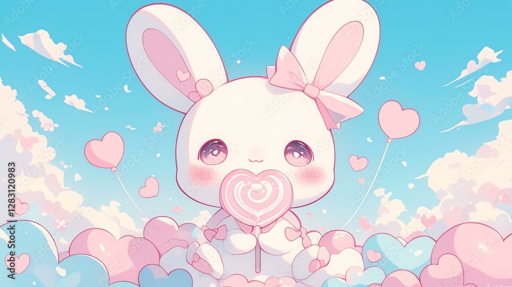 Cute rabbit character holding a heart-shaped candy in a vibrant sky with pastel clouds. Cute rabbit character holding a heart-shaped candy in a vibrant sky with pastel clouds.
