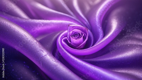 Purple rose on satin fabric with a swirling pattern and water droplets creating a soft and elegant texture