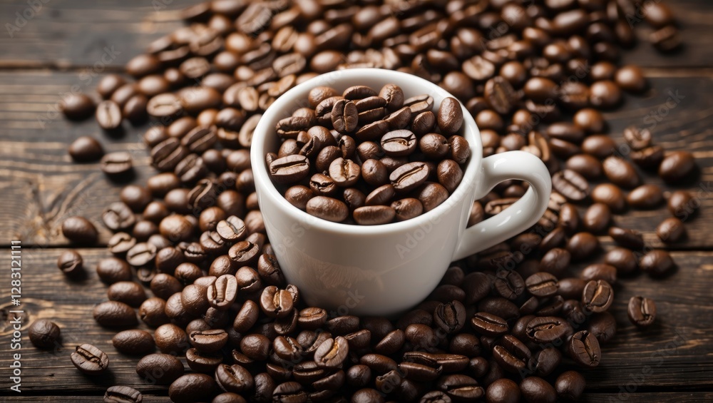 Fototapeta premium Cup filled with roasted coffee beans surrounded by scattered beans on a rustic wooden surface