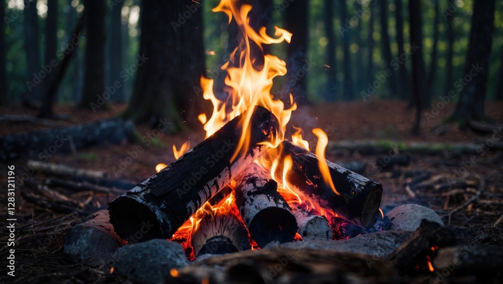 Campfire with burning logs and flames surrounded by trees in a forest environment during twilight hours Campfire with burning logs and flames surrounded by trees in a forest environment during twilight hours
