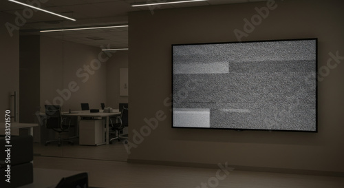 Static on a television screen in an empty business signifying inactivity and silence