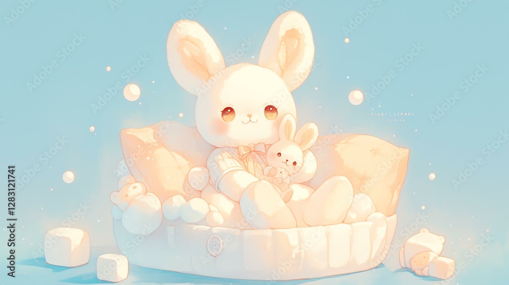 A cute animated rabbit character surrounded by fluffy marshmallows in a cozy setting. A cute animated rabbit character surrounded by fluffy marshmallows in a cozy setting.