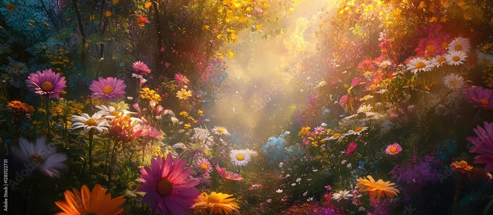 Fototapeta premium Vibrant meadow scene with colorful wildflowers in various positions, golden sunlight filtering through trees, creating a dreamy atmosphere.