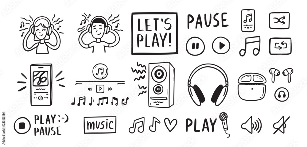 Fototapeta premium Audio music listening concept sound doodle hand drawn icon Set. Headphones interface buttons musical notes