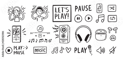 Audio music listening concept sound doodle hand drawn icon Set. Headphones interface buttons musical notes