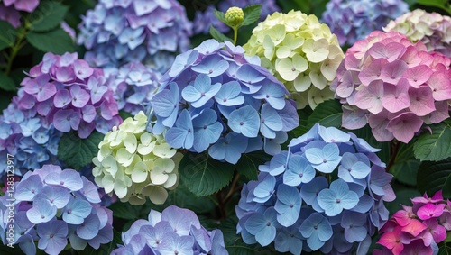 Colorful hydrangea flowers in various shades of blue, purple, pink, and green in full bloom during daylight.