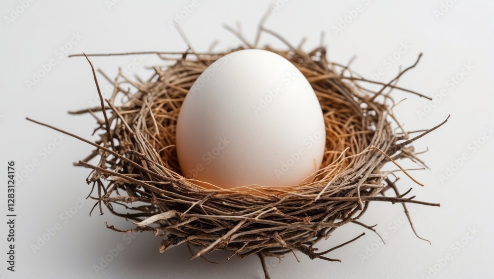 Egg nestled in a natural twig nest on a clean white background symbolizing new beginnings and nature's simplicity. Egg nestled in a natural twig nest on a clean white background symbolizing new beginnings and nature's simplicity.