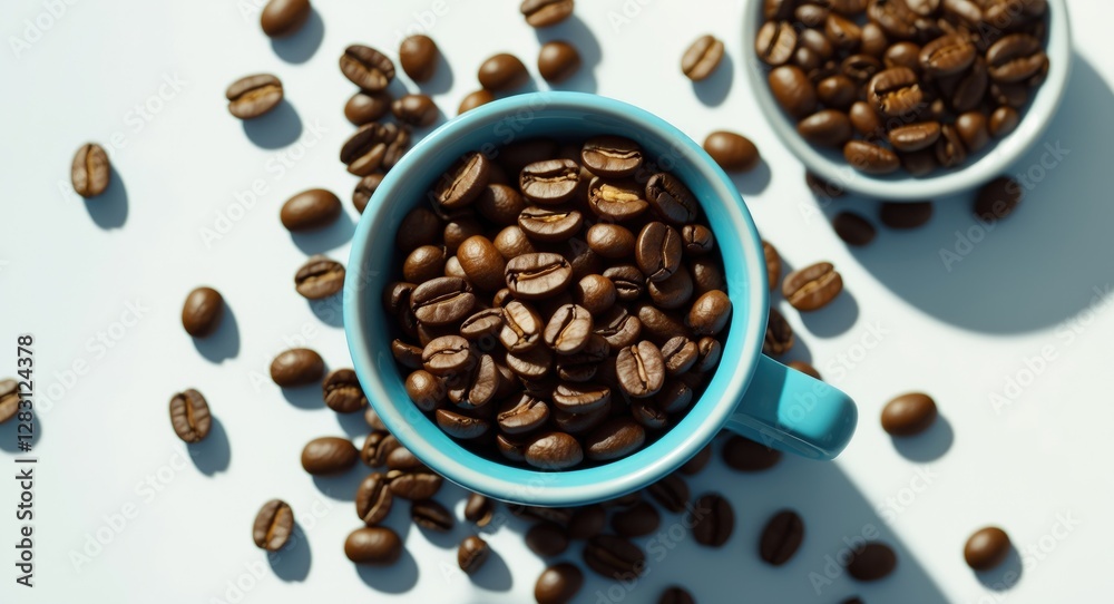Obraz premium Coffee beans in a turquoise cup with spilled beans on a white surface and a smaller cup in the background creating a rich coffee scene.