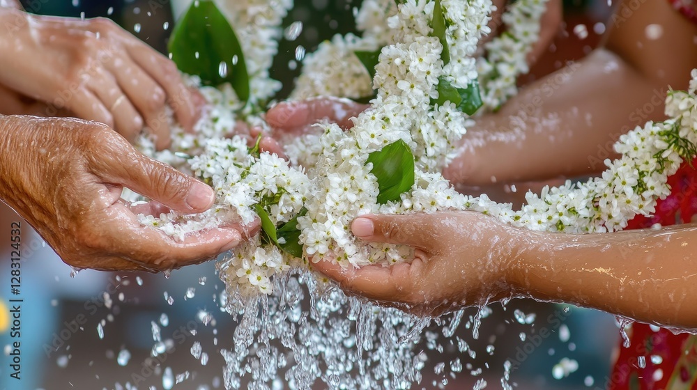 Fototapeta premium Respectful Songkran moment grandparents' hands receiving water with flower petals, while holding jasmine garlands in a family gathering.