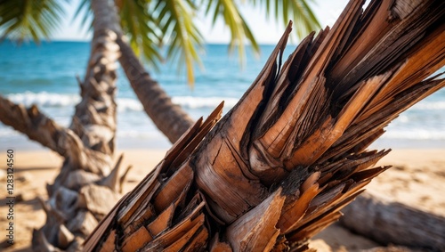 Fototapeta Naklejka Na Ścianę i Meble -  Close-up of weathered palm tree trunk with peeling bark against sandy beach and ocean in background under bright sunlight