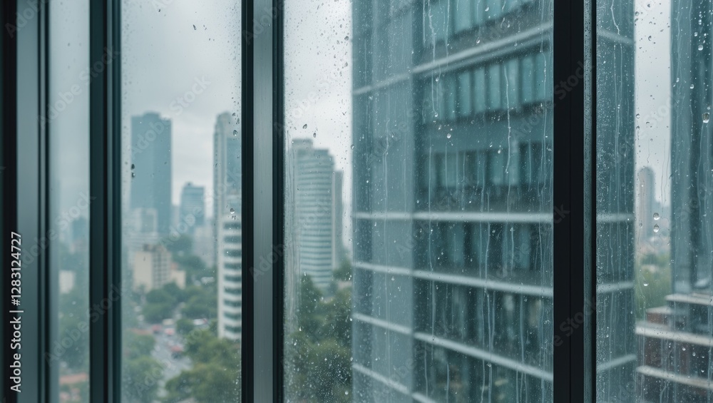 Fototapeta premium Rain droplets on glass window with urban city skyline blurred in background during overcast weather. Modern buildings visible through wet glass.