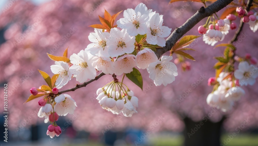 Cherry blossom flowers in full bloom with soft pink background and delicate white petals on branches during springtime. Cherry blossom flowers in full bloom with soft pink background and delicate white petals on branches during springtime.
