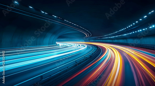 Abstract Long Exposure Image Of A Tunnel With Light Trails Showing Speed And Movement