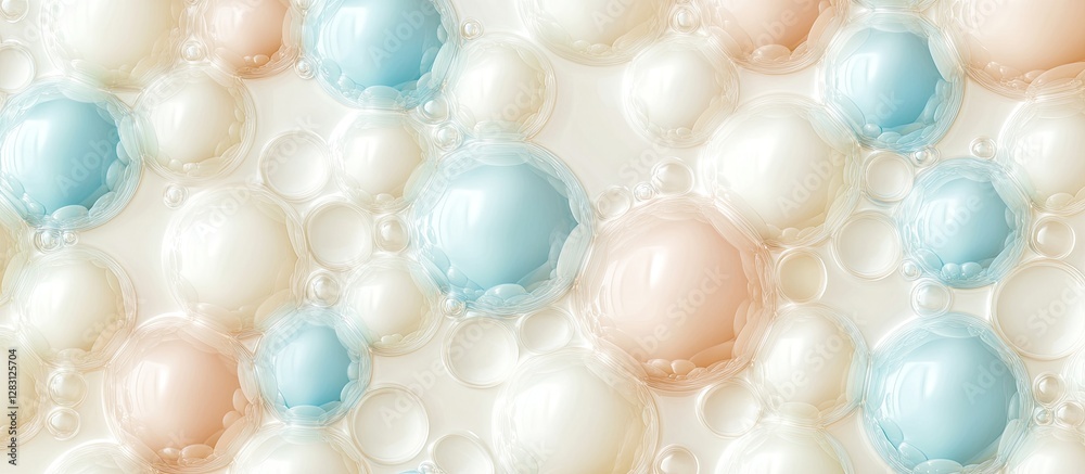 Soft pastel colored bubbles in light blue, peach, and white against a smooth white background, creating a delicate and airy texture.