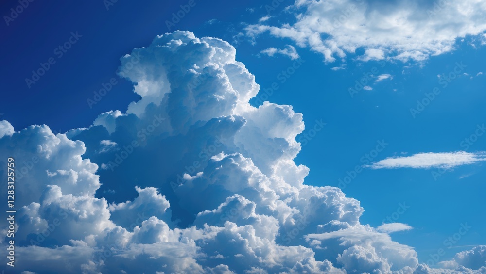 Naklejka premium Large fluffy white clouds against a bright blue sky with varying shades of blue and white in a clear atmosphere