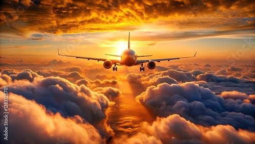 Airplane Soaring Above Clouds at Golden Sunset