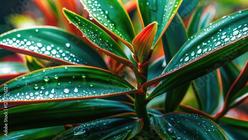 Close-up of green tropical plant leaves with red margins covered in water droplets in natural light setting photo