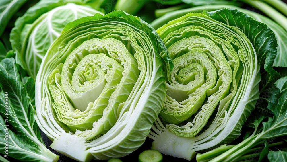 Obraz premium Freshly cut cabbage halves displaying intricate spiral layers with vibrant green foliage on dark surface
