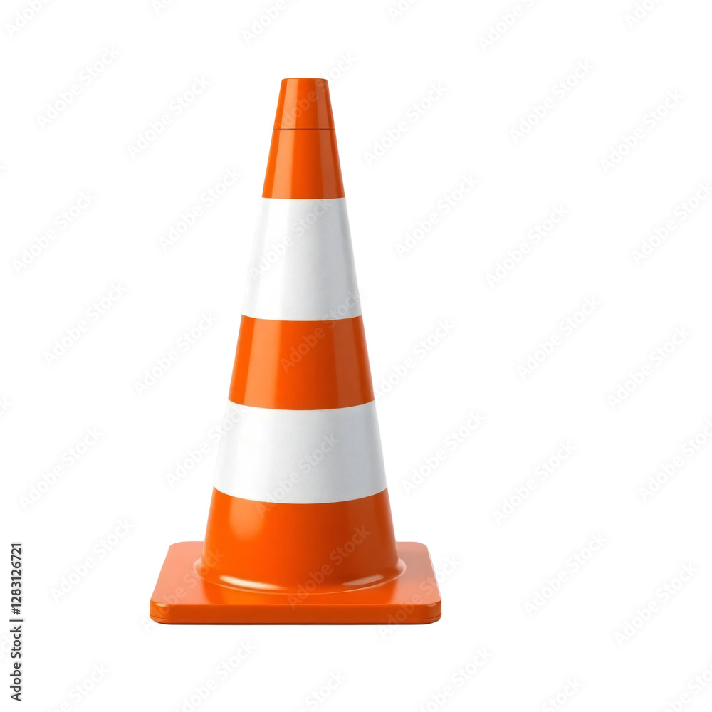 Orange realistic road traffic plastic cone with white stripes isolated on transparent background Orange realistic road traffic plastic cone with white stripes isolated on transparent background