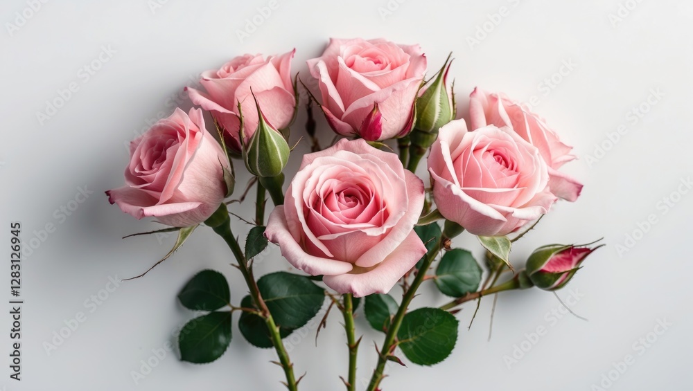 Obraz premium Pink rose bouquet with buds on a white background showcasing nature's beauty and elegance in floral arrangements.