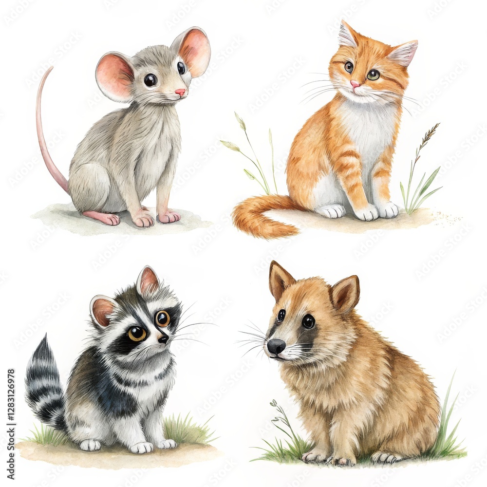Obraz premium Adorable Watercolor Animals Mouse, Cat, Raccoon and Wombat Illustration, Digital Painting, Cute Pet Concept Keywords Watercolor, Animals