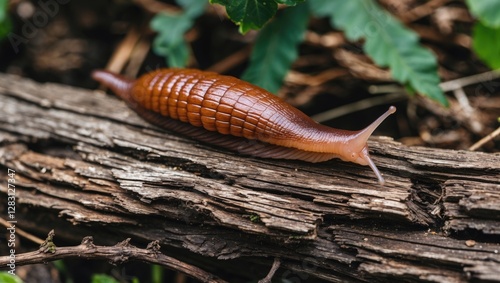 Invasive Slug Crawling On Weathered Wood Surface In A Garden Environment With Space For Text Illustration Of Garden Pests And Solutions photo