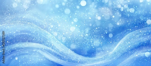 Abstract blue background with shimmering waves and spirals featuring a soft gradient with light bokeh effects and vertical space for text at the top.