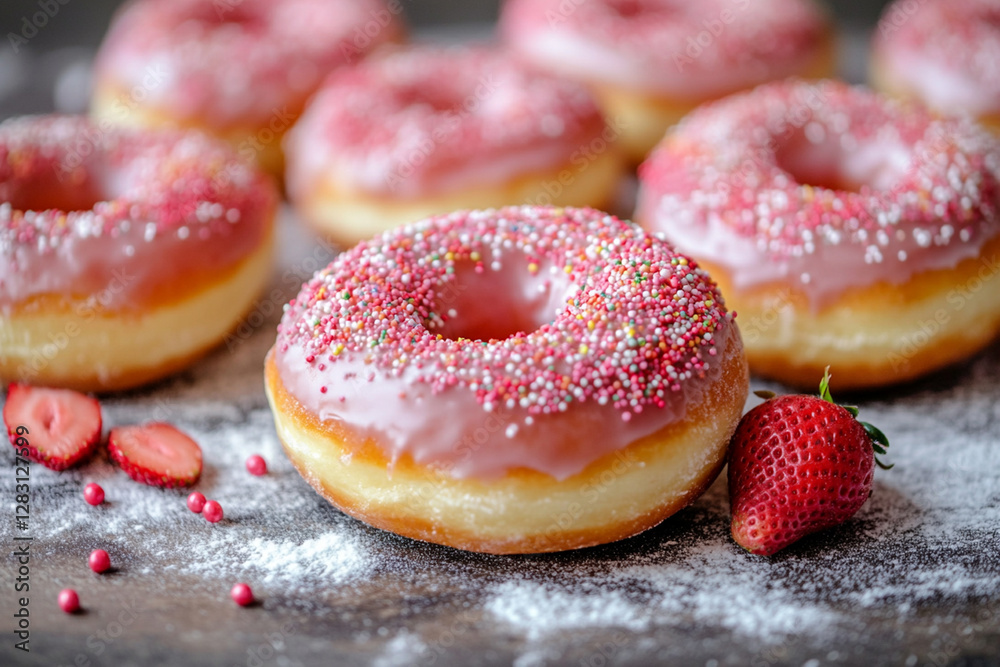 Fresh donuts with strawberry glaze and sprinkles on the background of a pastry kitchen Fresh donuts with strawberry glaze and sprinkles on the background of a pastry kitchen
