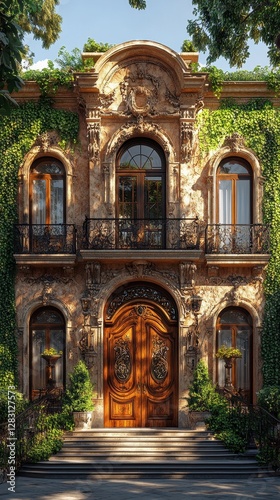 Elegant European-Style Mansion with Ornate Wooden Doors and Ivy-Covered Walls